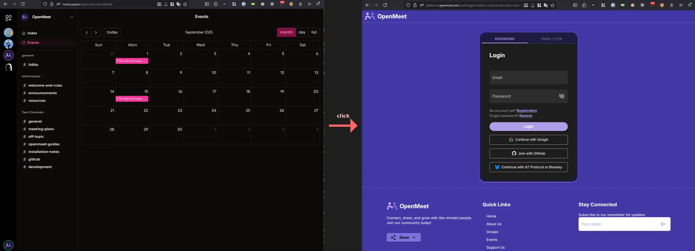 Clicking an event in Roomy's calendar opens the OpenMeet login page